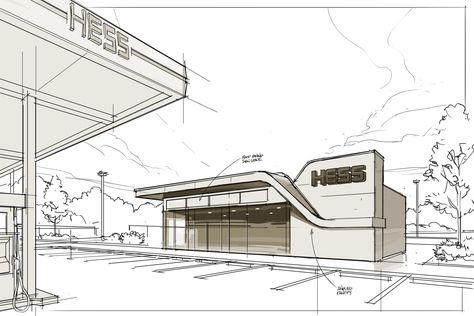 DAVE PINTER | Hess – Prototype Convenience Store Architecture Convenience Store Exterior Design, Carwash Design Architecture, Convenience Store Exterior, Store Exterior Design, Convenience Store Design, Architecture Symbols, Store Exterior, Car Showroom Design, Store Plan