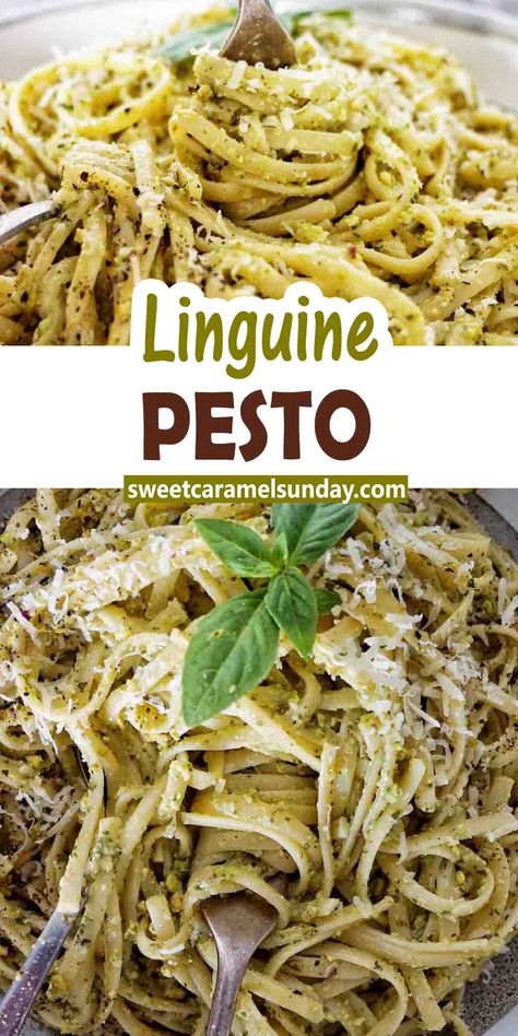 Fork being twirled in linguine pesto with text written between 2 images. Pesto Linguine Pasta, Easy Linguine Recipes, Pesto Fettucini, Pesto Salad Recipes, Pesto Linguine, Pesto Pasta Dishes, Chicken Linguine, Easy Pesto Pasta, Ground Beef Pasta Recipes