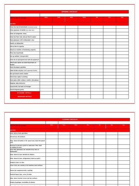 This document outlines the daily opening and closing checklists for a bar and lounge. The opening checklist includes over 20 tasks to prepare the bar for service such as cleaning surfaces, stocking supplies, checking equipment, and verifying the cash drawer. The closing checklist similarly includes over 20 closing tasks like removing pour spouts, cleaning surfaces and equipment, storing products, taking out trash, and securing the bar area. Completing both checklists fully prepares and closes Bar Cleaning Checklist, Closing Checklist, Bar And Lounge, Bar Flooring, Cash Drawer, Bar Stock, Clean Sink, Checklist Template, Bar Area