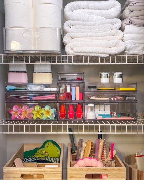 Bathroom closet organization🌺🧖‍♀️ Comment “closet” for a dm with the link to these organization products✨ everything is also linked on our LTK @idlivesimply #bathroomorganization #closetorganization #beautyproducts #organizationinspo Bathroom, closet, organization, iDesign,wooden bins, The Home Edit, beauty, self-care, home, decor, organized, organizing, hair, makeup, nail polish, clear drawers, flower hair clips Feminine Care Organization, Bathroom Order Organizing Ideas, Beauty Closet Organization, The Home Edit Bathroom, Home Edit Bathroom, Nail Polish Organization, Nail Polish Clear, Clear Drawers, Cleaning Closet Organization