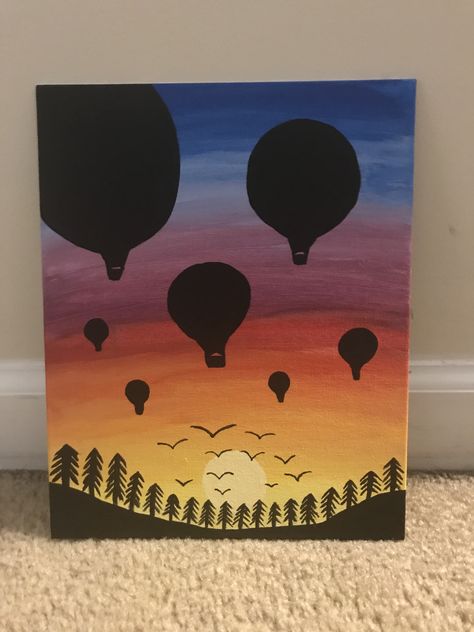 Rainbow Canvas Painting, Hot Air Balloon Painting, Air Balloon Painting, Mountain Sunset Painting, Baloon Art, Colorful Landscape Paintings, Balloon Painting, Rainbow Canvas, Paint Nite