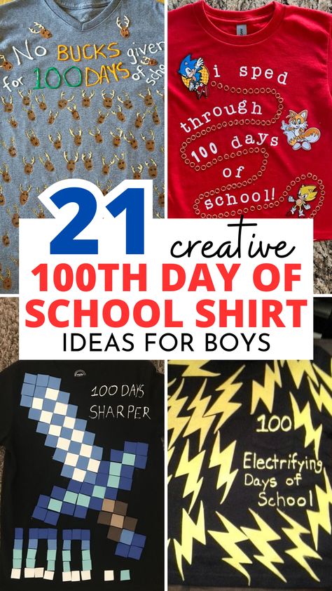 If you need 100th day of school shirt ideas for boys, save this! Tons of cool ideas that my boys would actually wear! 100th Day Tshirt Ideas, 100 Days Of School Shirts, School Shirt Ideas, School Clothes Organization, 100th Day Of School Shirts, Kids School Organization, School Pictures Display, Fun Shirt Ideas, Kids School Clothes