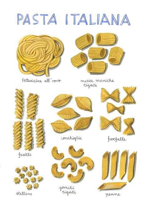 made a new pasta illustration. It's available as a print here! Pasta Illustration, Pasta Italiana, Recipe Drawing, Food Sketch, Pasta Lover, Illustration Food, Pasta Shapes, Food Journal, Food Drawing