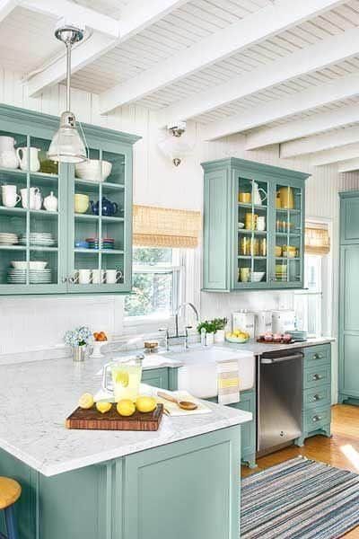 With its pastels, bright colors, bold shapes, geometrics, and mix-and-match patterns, mid-century modern is a big and exciting playground for the kitchen. Coastal Cottage Kitchen, Cottage Kitchen Design, Best Kitchen Cabinets, Blue Kitchen Cabinets, Cottage Kitchens, Classic Kitchen, Blue Cabinets, Custom Kitchen Cabinets, Kitchen Cabinet Colors