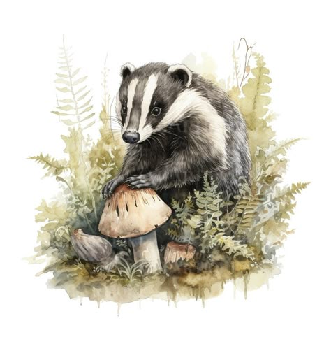 Badger Watercolor Painting, Cute Badger Illustration, Badger Painting, Badger Watercolor, Badger Drawing, Badger Tattoo, Badger Art, Badger Illustration, Forest Animals Illustration