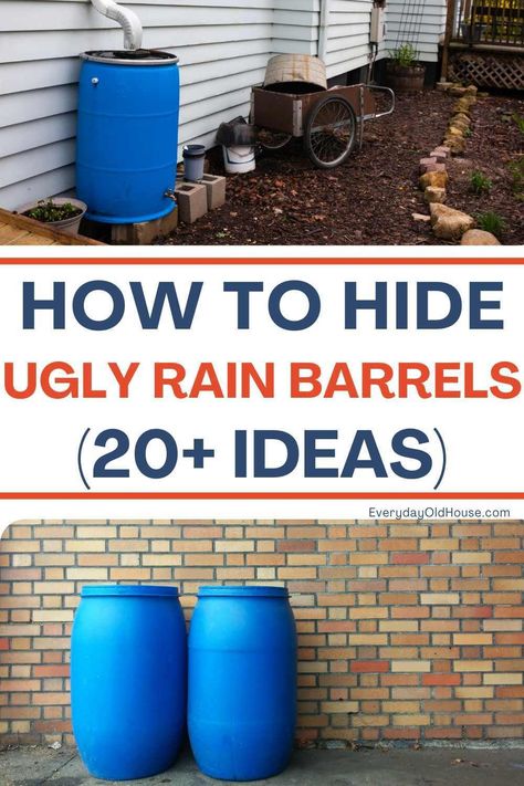 Struggling with an unsightly rain barrel disrupting your home's curb appeal? Discover these creative AND easy ways to hide your water barrel while maintaining aesthetic harmony in your home. Barrel Garden Ideas, Diy Rain Barrel, Rain Barrel Stand, Rain Barrel System, Ways To Conserve Water, Barrels Diy, Water Barrel, Rain Collection, Front Yards