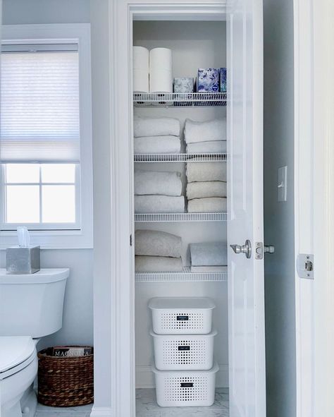 24 Ways to Organize a Bathroom Closet Bathroom Closet Ideas, Closet Design Plans, Linen Closet Shelves, Small Linen Closets, Bathroom Linen Closet, Bathroom Closet Organization, Closet Clutter, Decorative Shelving, Stackable Storage Bins