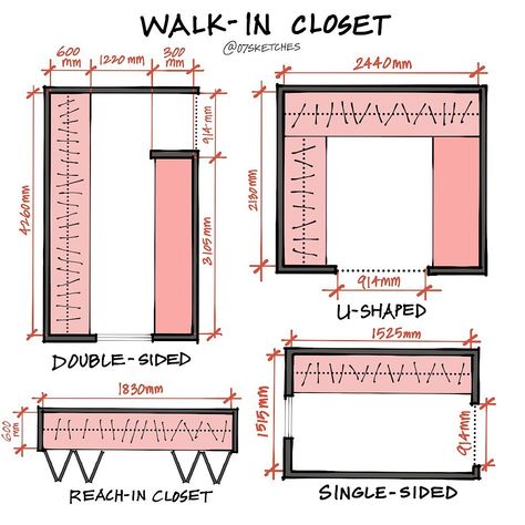 07sketches-Architecture&Design on Instagram: “Walk-in closet designs - Choosing the correct closet type according to the room type and size is crucial. •💭Share your thoughts below.…” Closet Sizes Plan, Walk In Closet Room Ideas, Walk In Closet Size, Walk In Closet Plan, Architect Illustration, Walk In Closet Dimensions, Closet Design Plans, Closet Dimensions, Small Dressing Rooms