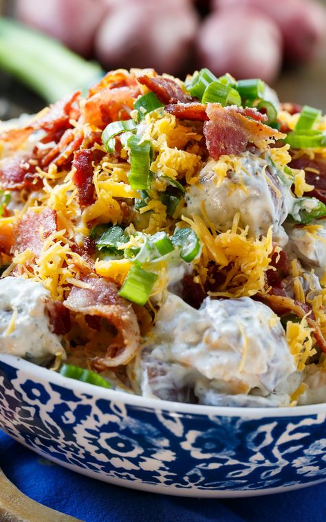 Loaded Ranch Potato Salad with Bacon (used way more bacon and mayo than the recipe called for). Also did not have a ranch packet so just used, salt, pepper, garlic powder, onion powder and parsley. Potato Salad With Bacon, Loaded Potato Salad, Ranch Potato Salad, Loaded Baked Potato Salad, Potato Salad Recipe Easy, Baked Potato Salad, Potato Salad With Egg, Pastas Recipes, Bacon Potato Salad