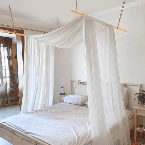 PRICES MAY VARY. 【Package Include】You don’t need to worry about mosquito net accessories,the package include:1* sheer voile valance canopy bed drapes（59*225in）,4 * hanging hook, 2 * hanging bed pole（63 inch ）, Long hanging rope .Perfect boho bed canopy for both indoor or outdoor uses. Easy Setting Up Bed Canopy Curtains King Sized : This bed drapes canopy is quite easy to install! Assembling the Wooden Bed Pole（Wooden poles are equipped with threaded joints, no tools required），Then cut the hangi Canopy Bed Decor, Girls Canopy Bed, Curtain Over Bed, King Canopy Bed, Canopy Bed Drapes, Tulle Canopy, Canopy Over Bed, Girls Canopy, Girl Curtains