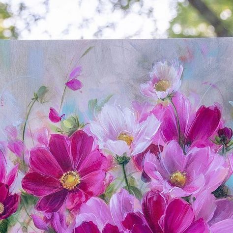 Kosmos Flowers Painting, Cosmos Flowers Painting, Alissa Kari, Cosmos Bouquet, Cosmos Painting, Have A Great Thursday, Horizontal Painting, Cosmos Flowers, Paint Projects