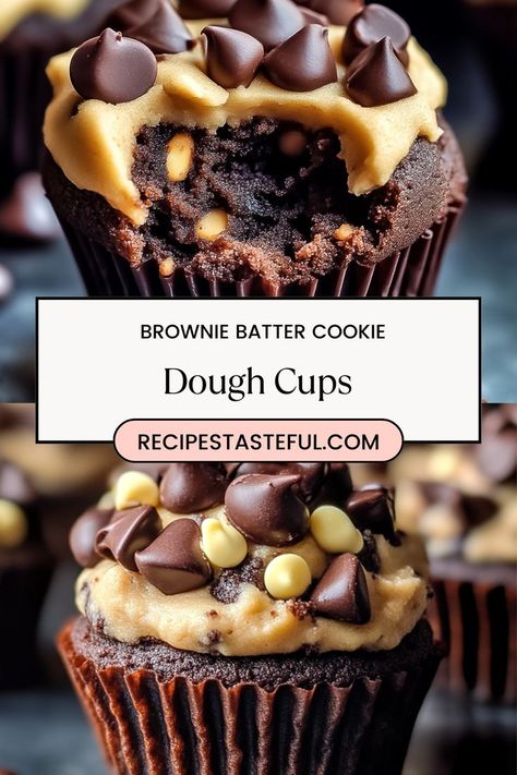 These delicious Brownie Batter Cookie Dough Cups combine rich brownie batter and sweet cookie dough, topped with melted chocolate. A perfect treat for chocolate lovers, these cups are easy to make and irresistibly tasty! Cookie Dough Brownie Bites, Master Cookie Dough Recipe, Brownie Batter Cookie Dough, Cookie Dough Cups, Cookie Dough Filling, Cookie Dough Recipe, Cookie Dough Brownies, Brownie Cups, Cookie Dough Recipes