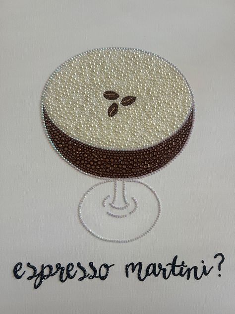 Custom espresso martini design bedazzled with rhinestones and pearls. Canvas size 11" x 14" Espresso Martini Embroidery, Bedazzled Canvas Art, Rhinestone Projects Diy, Bedazzled Wall Art, Bedazzled Painting, Bedazzled Canvas, Bedazzled Art, Martini Expresso, Gem Painting