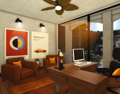 Bloxburg Home Office, Bloxburg Doctors Office, Bloxburg Office Ideas, Bloxburg Architecture, Bloxburg School, Mid Century Entryway, Blox Burg, Bloxburg Basement, Japanese Town