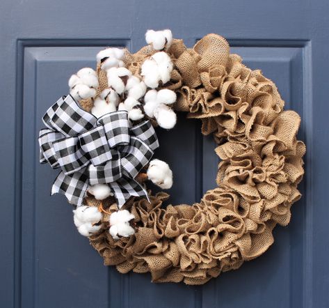 This ruffled burlap wreath is accented with black and white check ribbon and cotton boll stems.  It's the perfect complement for  farmhouse decor. Check us out on Facebook.  aDOORnmentsByBetty. Buffalo Check Burlap Wreath, Cotton Ball Wreath, Cotton Bole Wreaths, Bull Decor, Wreath With Cotton, Black Burlap Wreath, Burlap Wreath Plaid, Cotton Bolls, Fall Meals