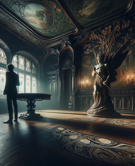 Art nouveau inspired interior. Dark nature. Dark Art Nouveau, Concept Art Sci Fi, Gothic Fireplace, University Inspiration, Fantasy Asian, Art Nouveau Home, Beautiful Darkness, Fic Ideas, Hades Persephone