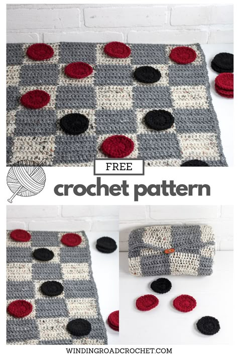 Make a creative crochet gift with the free crochet pattern. This crochet checkerboard game pattern makes a rug size checkerboard with large game pieces. This pattern is easy and works up quick. The board rolls up into a portable pouch to easy take this crochet project on the go. Links to helpful video tutorials available. Crochet Checkerboard Pattern, Giant Crochet, Winding Road Crochet, Checkerboard Rug, Crochet Game, Basic Stitches, Stitch Crochet, Winding Road, Quick Crochet