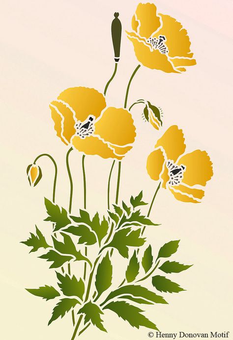 Poppy Stencil, Poppy Color, Wild Poppies, Flower Stencil, Pola Sulam, Seed Pods, Stencil Designs, Poppy Flower, Fabric Painting