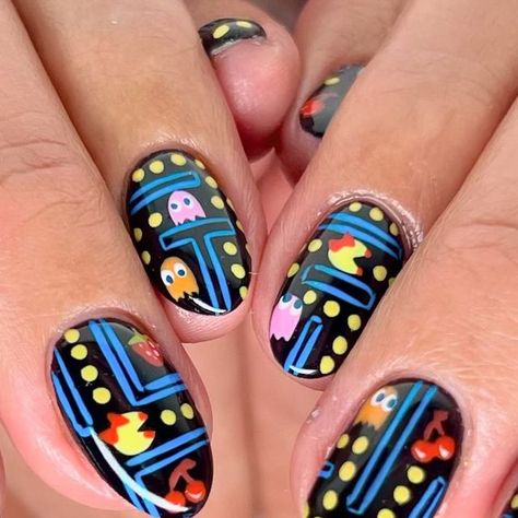 JMoneyNails on Instagram: "PAC MAN ROUND 2!!! This design is so fun to do ☺️ #nails #nailart #nyc #nycnails #handpainted #gelnails #pacman #mspacman #brooklyn" Pixel Nail Art, Pacman Nails, Amy Schneider, Pac Man Nails, Game Nails, Postman Pat, Cartoon Nails, Nyc Nails, Pac Man