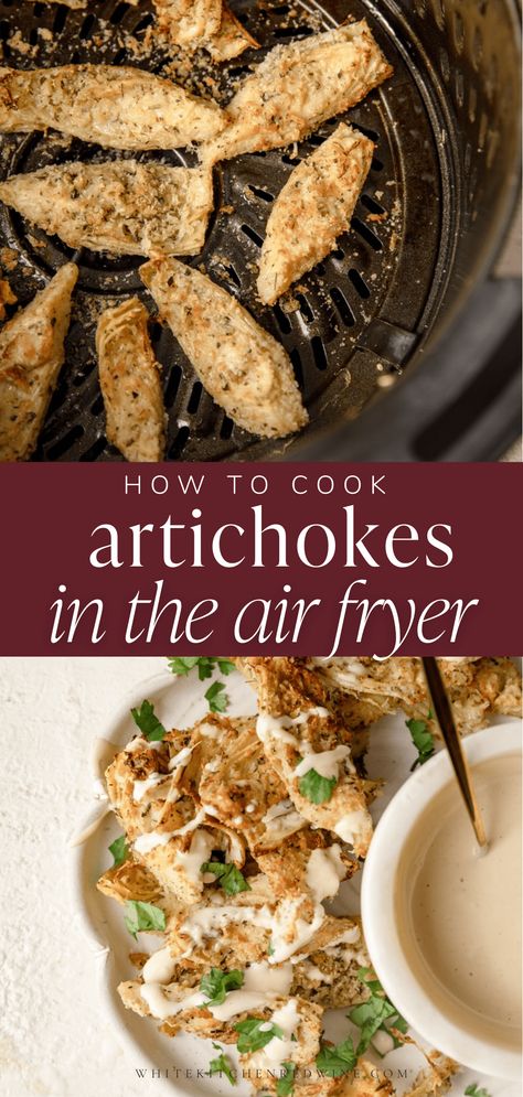 Delicious and simple air fryer appetizer, these Artichoke hearts with a garlic aioli will be your newest obsession! Done in 10 minutes- you can't go wrong. Artichoke Heart Recipes Canned Air Fryer, Cook Artichoke How To, Air Fryer Artichokes, Air Fryer Artichoke Recipes, Canned Artichoke Heart Recipes, Air Fried Artichoke Hearts, Air Fryer Artichoke Hearts, Canned Artichoke Recipes, Air Fryer Artichoke