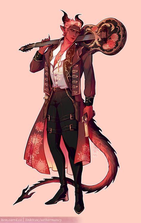 Teifling Bard Dnd, Fancy Tiefling Male, Dungeons And Dragons Oc Art, Fire Inspired Outfits Men, Saytr Bard Dnd, Red Tiefling Male Art, Dnd Demon Character, Dnd Character Design Male Tiefling, Male Tiefling Oc