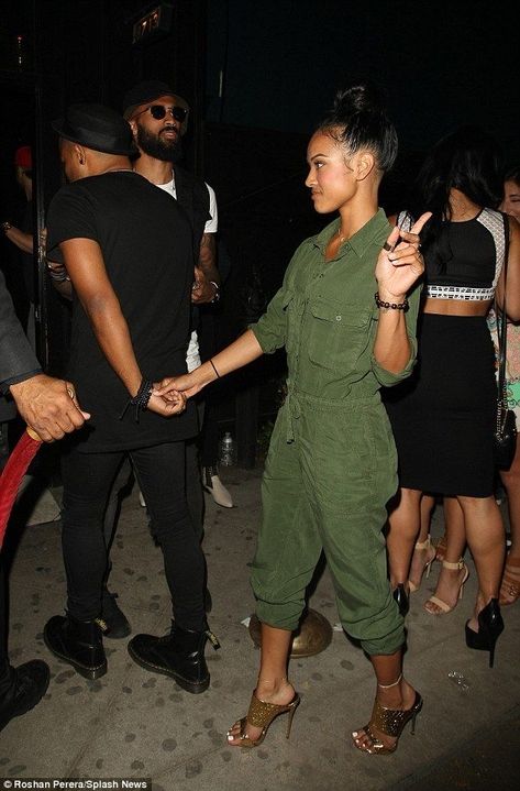 Olive Green Romper Outfit, Green Romper Outfit, Pretty And Paid, Karrueche Tran Style, Samaria Leah, Bottega Green, Fall California, Jumpsuit Jeans, Khaki Jumpsuit