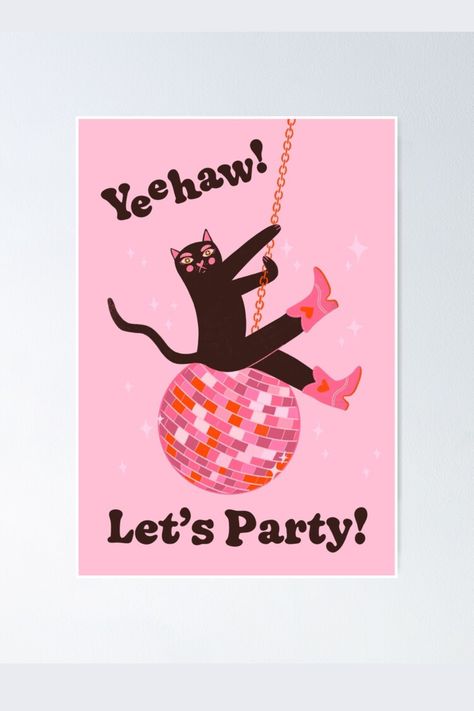 Art, illustration, poster, black cat poster, cat, cowboy boots poster, disco ball poster, party, fancy poster, slay, fabulous, bold poster, cute cat art, pink cat, funny, modern, cat lover, cats, red pink, girly, pretty, cool, funny gift, queen, cool cat, wild, feline, girl power, funky, rave, dope, groovy, stay groovy, star, 80s, 90s, y2k, kitty, dance, Pink cowboy boots, lets party, riding disco ball, festive, disco, sparkle, holiday, Celebration, fun, Playful, Glitter, Glowing, Radiant, Jolly Feline Girl, Disco Ball Illustration, Disco Ball Poster, Ball Illustration, Funny Girly, Sparkle Gift, Funny Paintings, Ticket Design, Cowgirl Birthday