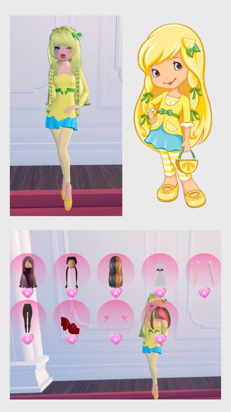 Dress To Impress  Theme: Cartoon, Yellow Strawberry Shortcake Lemon Meringue, Strawberry Shortcake Lemon, Strawberry Shortcake Dress, Yellow Costume, Girl Cartoon Characters, Famous Dress, Yellow Theme, Aesthetic Roblox Royale High Outfits, Theme Dress