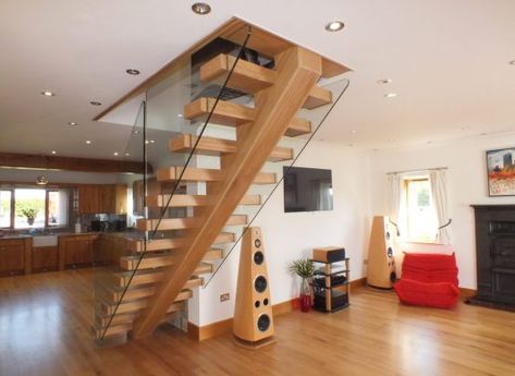 Oak Staircase, Free Standing Glass - Edwards & Hampson Spine Staircase, Feature Stairs, Colourful Furniture, Staircase Manufacturers, Oak Staircase, Frameless Glass Balustrade, House Staircase, Open Staircase, Homes Modern