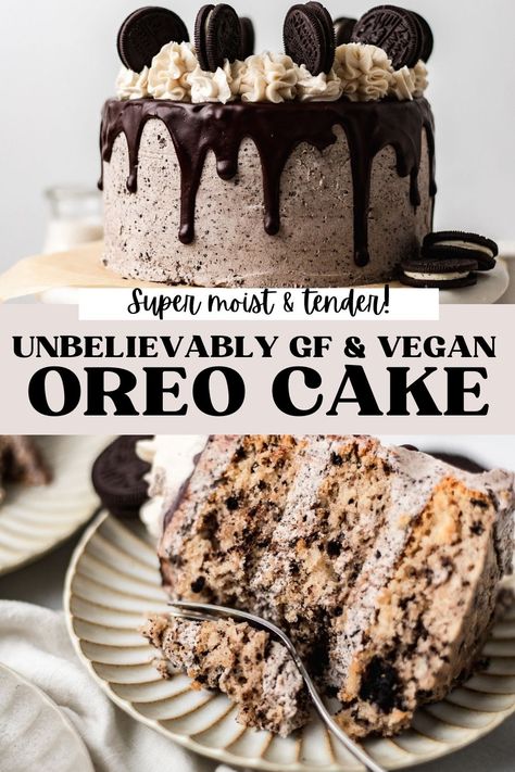 This vegan Oreo cake is the epitome of decadence: a delicious vegan cake filled with crushed cookies n' cream, and coated in an easy yet amazing dairy free Oreo buttercream frosting! This will be your favorite Oreo cake, vegan or not! #vegancake #oreo #dairyfree Dairy Free Oreo Cupcakes, Vegan And Dairy Free Desserts, Gluten Free Cookies And Cream Cake, Dairy Free Cake Filling Recipes, Dairy Free Oreo Cake, Vegan Cookies And Cream Cake, Vegan Oreo Cupcakes, Vegan Gluten Free Cakes, Dairy Free Cake Filling