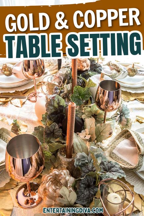 Gold & Copper Table Setting | Seasonal Decor | Fall Decorating Ideas Copper Fall, Seasonal Decor Fall, Dinner Party Table Settings, Potluck Dinner, Thanksgiving Entertaining, Spring Table Settings, Fall Dinner Party, Fall Entertaining, Dinner Party Table