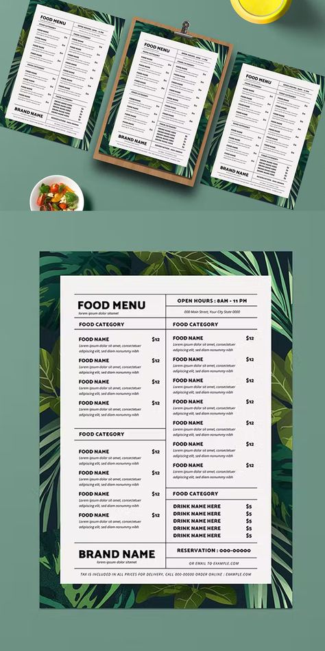 Tropical Food Menu Template AI, PSD Menu Sans Gluten, Greens Restaurant, Tropical Food, Food Menu Template, Senior Project, Restaurant Menu Design, Bar Menu, Tropical Design, Menu Ideas