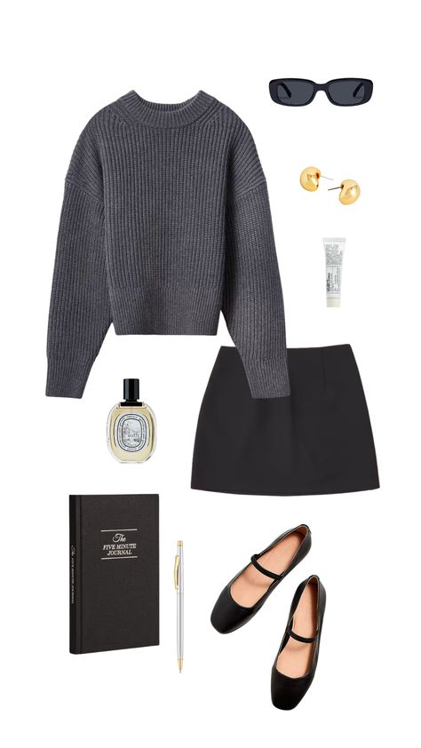 gray sweater black skirt and ballet flats fall outfit idea Grey Skirt Winter Outfit, Flats Fall Outfit, Black Ballet Flats Outfit, Gray Skirt Outfit, Black Mini Skirt Outfit, Ballet Flats Outfit, Easy Outfits, Winter Skirt Outfit, Flats Outfit