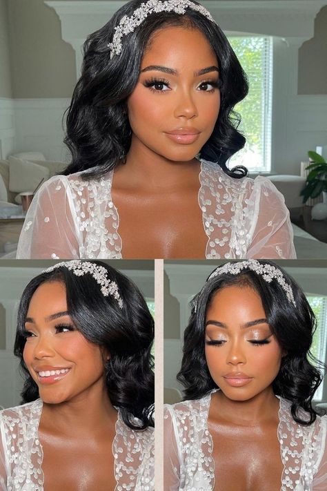 Black Natural Glam Makeup, Bridal Makeup No Filter, Natural Glam Makeup For Wedding, Glam Bride Makeup Black Women, Natural Wedding Makeup Dark Skin, Natural Makeup For Bride Wedding Day, Natural Glam Makeup Bride, Black Wedding Makeup Dark Skin Girl, Glowy Makeup Bridal