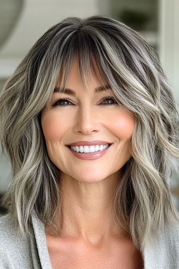 Save this pin for the best medium-length layered haircuts for women over 50. This shaggy cut celebrates your natural hair color. It’s especially flattering for women with salt-and-pepper hair, as the layers allow the blend of greys and silvers to shimmer, almost like highlights. Silver Shag Hairstyles, Grey Hair With Dark Lowlights, Salt And Pepper Hair With Lowlights, Medium Length Gray Hairstyles, Edgy Grey Hair, Medium Length Grey Hair With Layers, Grey Blended Hair, Salt And Pepper Shag Haircut, Layered Gray Hair Over 50