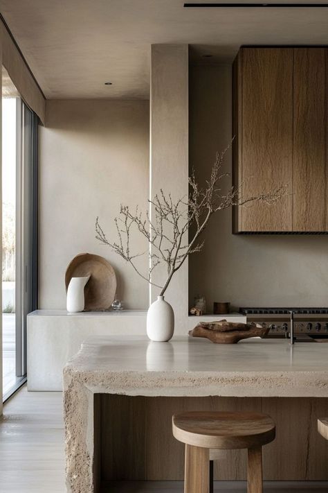 Corian Neutral Concrete, Beige Concrete Kitchen, French Minimalist Kitchen, Travertine Kitchen Countertops, Neutral Minimalist Kitchen, Neutral Tone Kitchen, Limewash Kitchen, Microcement Kitchen, Kitchen Concrete Floor