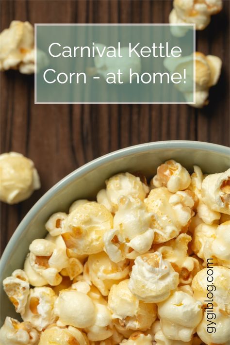 Carnival Kettle Corn - at home! | Homemade Kettle Corn | How to Make Kettle Corn | Glazed Popcorn | Fair Popcorn Recipe | Kettle Corn Recipe | Best Kettle Corn | Easy Kettle Corn Recipe | Air Popped Popcorn Recipe, Mushroom Popcorn, Homemade Kettle Corn, Kettle Corn Recipe, Kettle Corn Popcorn, Popcorn Recipes Easy, Kettle Popcorn, Popcorn Salt, Fair Foods