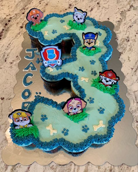 Paw Patrol Cupcakes 3rd Birthday, Number 3 Cupcake Cake Pull Apart Paw Patrol, 3 Year Birthday Cupcakes, Number 3 Paw Patrol Cupcake Cake, 3 Paw Patrol Cake, Diy Paw Patrol Cupcakes, Cupcake 3 Shape, Cupcake Cake Paw Patrol, Diy Paw Patrol Birthday Decorations