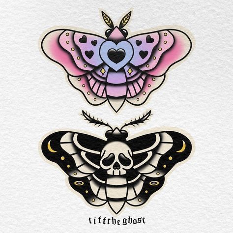 Goth Vs Pastel, Dark Kawaii Tattoo, Pastel Goth Tattoo Ideas, Goth Moth Tattoo, Cute Moth Drawing, Cute Goth Art, Pastel Goth Tattoo, Kawaii Tattoos, Two Tattoo