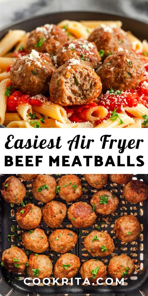 These air fryer meatballs are made with a blend of ground beef and pork, bread crumbs, and Italian herbs. Super juicy and ready in 20 minutes, perfect for any occasion. #BestMeatballs #AirFryer #BeefAndPork #JuicyMeatballs #QuickRecipes Recipes For Pulled Pork, Dinners With Beef, Meatballs Air Fryer, Meatballs Sauce Recipe, Steak Salads, Sunday Supper Ideas, Cooking Frozen Meatballs, Air Fryer Meatballs, Meatball Seasoning