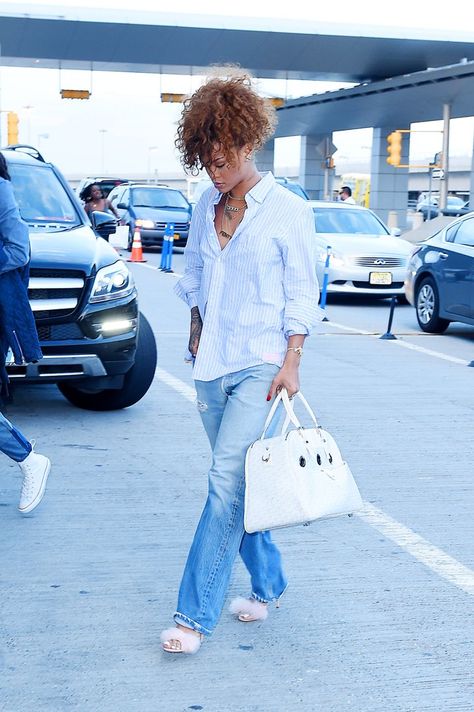 Pin for Later: 40 Photos That Prove Rihanna's Giving Her Sexy Style a Break A Baggy Jean Outfit Made Chic With Some Fuzzy Heels Fuzzy Heels Outfit, Fuzzy Heels, Baggy Jeans Outfit, Heels Outfits, Popsugar Fashion, Jean Outfits, Rihanna, Celebrity Style