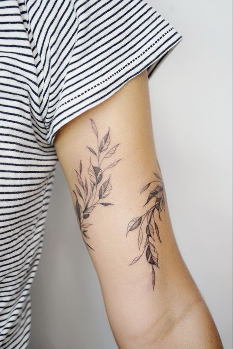 Wraparound Floral Tattoo, Floral Foliage Tattoo, Floral Branch Tattoo, Floral Bicep Tattoo, Juniper Tattoo, Greenery Tattoo, Tattoo Biceps, Foliage Tattoo, Arm Wrap Tattoo