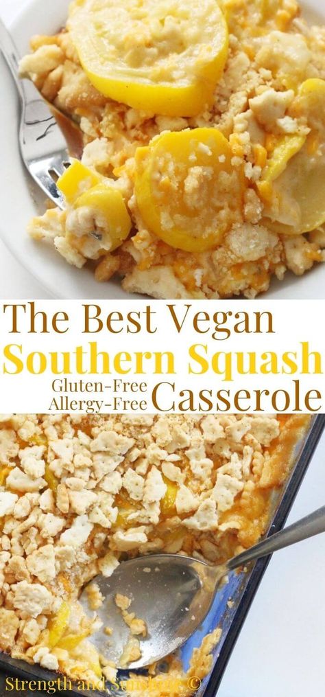 Vegan Southern Squash Casserole | Strength and Sunshine | This Vegan Southern Squash Casserole recipe is just like the old-fashioned classic! Made with fresh seasonal yellow squash, a creamy cheesy dairy-free sauce, and buttery gluten-free cracker crumb topping! It's a perfect allergy-free side dish to feed a crowd at potlucks or holiday gatherings! Simple and easy with just 8 ingredients! Vegan Yellow Squash Recipes, Vegan Squash Recipes, Vegan Barbecue Recipes, Southern Squash, Southern Squash Casserole, Summer Squash Casserole, Dairy Free Sauces, Yellow Squash Casserole, Summer Squash Recipes