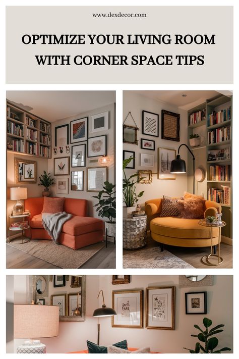 Optimize your living room with corner space tips featuring cozy seating, wall art, and bookshelves. Unused Corner Ideas, Storage Above Couch, Small Corner Nook Ideas, Corner Tv Living Room Layout Couch, Cosy Corner Living Room, Fill Empty Space In Living Room, Dark Corner Decorating Ideas, Corner Nook Living Room, How To Style Awkward Corner