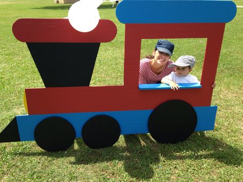 Photobooth train for my baby's 1st Birthday! Train Photo Booth Diy, Train Photobooth, Train Photo Booth, Train Vbs, Cardboard Train, Train Theme Party, Diy Train, Train Party Decorations, Train Theme Birthday Party