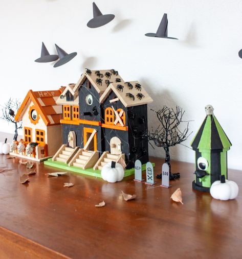 Haunted Halloween Village DIY (Glow in the Dark) - DIY, I'm Home Halloween Village Diy, Diy Halloween Village, Halloween Birdhouse, Diy Glow In The Dark, Haunted House Craft, Haunted House Diy, Diy Glow, Halloween Party Dinner, October Crafts