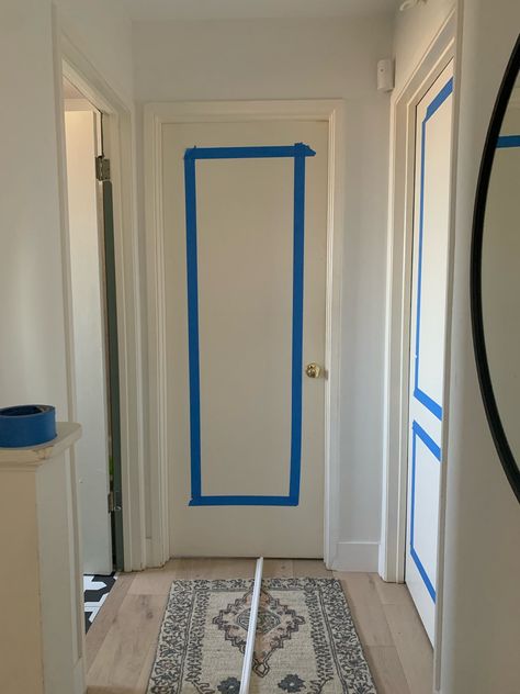 How to improve the look of hollow core doors. How To Make Hollow Core Doors Look Expensive, Add Glass To Hollow Core Door, Painted Hollow Interior Doors, Diy Upgrade Interior Doors, Hallway Ideas Doors, Ideas For Hollow Core Doors, White Hallway Doors, Paint Hollow Doors, Add Trim To Hollow Core Door