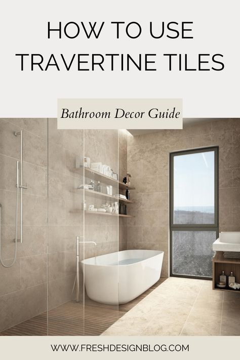 Discover how to use travertine tiles in your bathroom decorating project Stone Look Tiles In Bathroom, Travertine Porcelain Tile Bathroom, Travertine Tile Floors Living Room, Beige Stone Bathroom Ideas, Travertine Floor Tile Bathroom, Tumbled Travertine Bathroom, Travertine Master Bath, Ivory Travertine Bathroom, Travertine Tile Bathroom Ideas