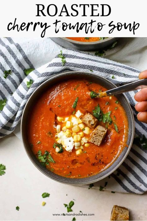 Looking for a cozy, healthy meal that helps use up fresh tomatoes? This roasted cherry tomato soup is a must-try! Packed with flavor and comfort, it's perfect for a weeknight dinner or a satisfying lunch. Made with seasonal ingredients, it's as fresh as it is delicious. Pin now, cook later, and enjoy a bowl of nourishing goodness! Crockpot Cherry Tomato Soup, Tomato Soup Meal, Grape Tomato Soup Recipes, Cherry Tomato Soup Roasted, How To Use Up Cherry Tomatoes, Cherry Tomato Soup Recipes, Grape Tomato Soup, Roasted Cherry Tomato Soup, What To Do With Cherry Tomatoes