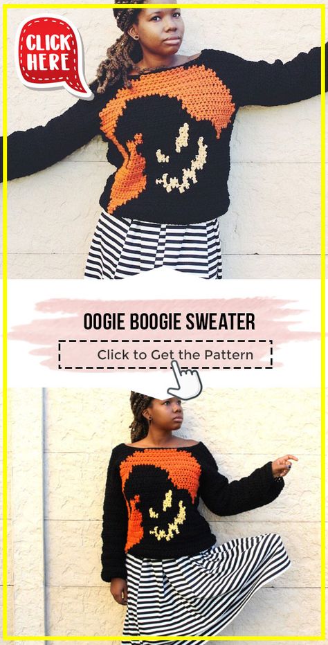 crochet Oogie Boogie Sweater easy pattern - Easy Crochet Sweater Pattern for Beginners. Click to Try the Pattern #Sweater #crochetpattern #crochet via @shareapattern.com Crochet Halloween Cardigan Pattern, Ophir Boogie Crochet Pattern, Fall Sweaters Crochet Pattern, Halloween Crochet Wearable, Crochet Disney Sweater, Christmas Crochet Sweater Pattern, Crochet Fall Tops Free Patterns, Crochet Halloween Sweater Pattern Free, Halloween Sweater Crochet Pattern